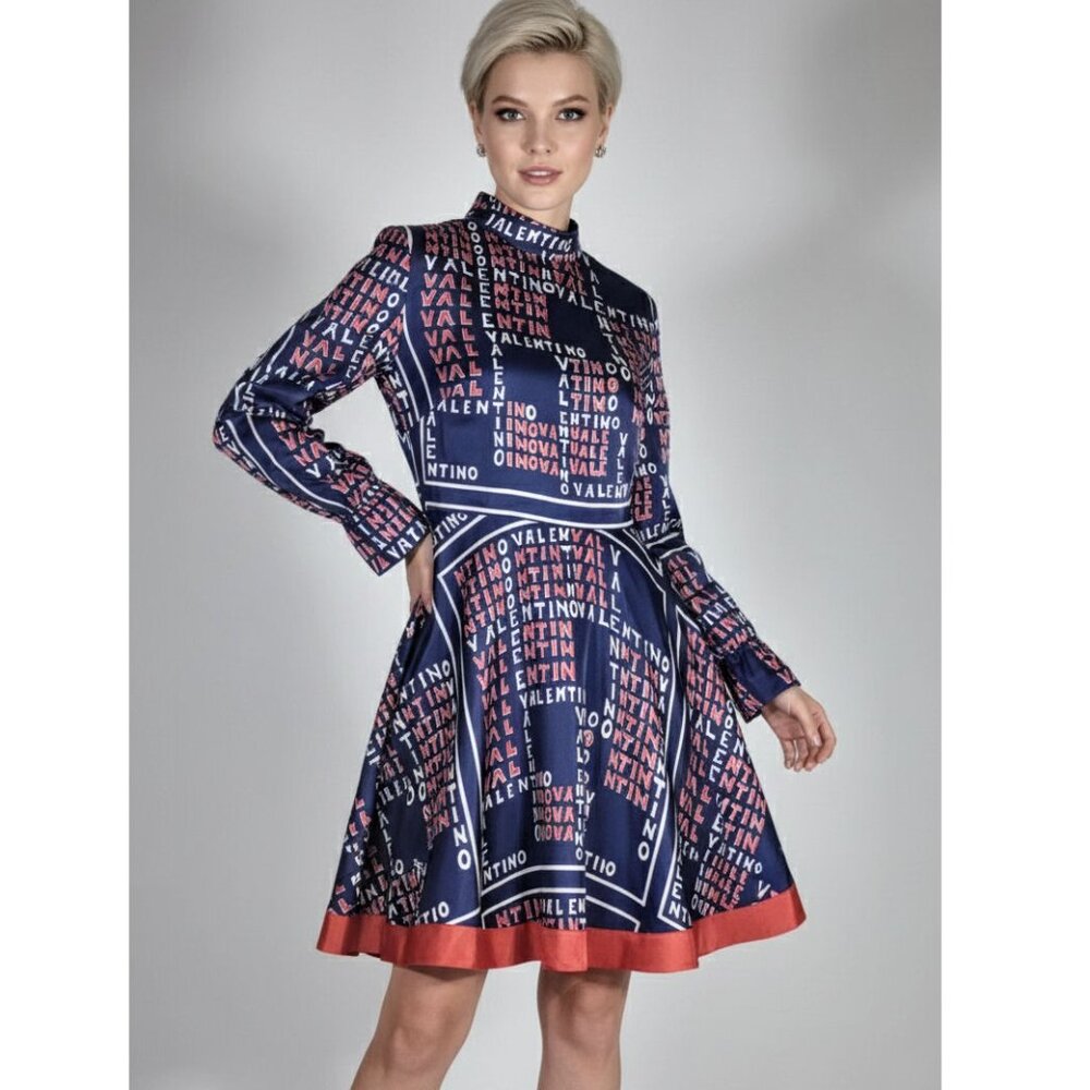 VALENTINO Mock-neck Long-sleeve Puzzle-print Midi Dress Womens Size 12   $5030